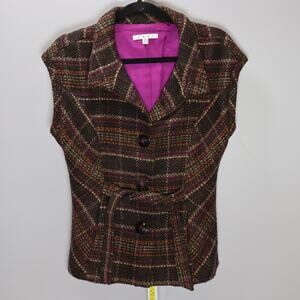 Cabi Brown Wool Blend Plaid Belted Vest Medium | Fall Winter Layering